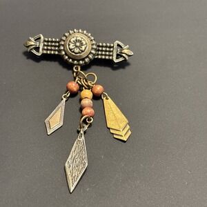 Vintage Brass Bohemian Dangle Pin Brooch Art Deco Chevron Diamond Charm Jewelry